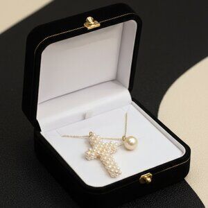 VNTG 8mm Cultured Pearl &cultured pearl cross set 14k Gold with 18in 14k chain.